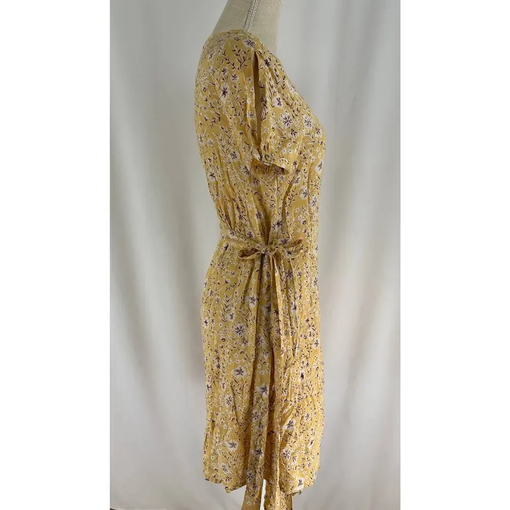 Roxy Floral Short Sleeve Wrap Mini Dress Womens Size Small Yellow New